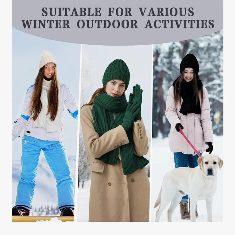 🆕 Winter Hat Beanie Long Scarf Touchscreen Gloves Set, 3Pcs Soft Thick Fleece